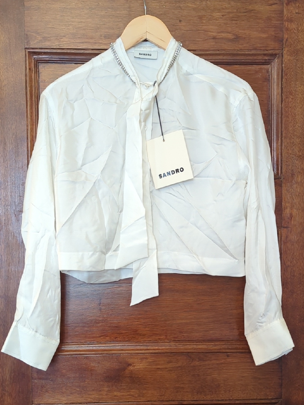 Sandro Cream Tie-Neck Blouse with Beaded Collar Trim